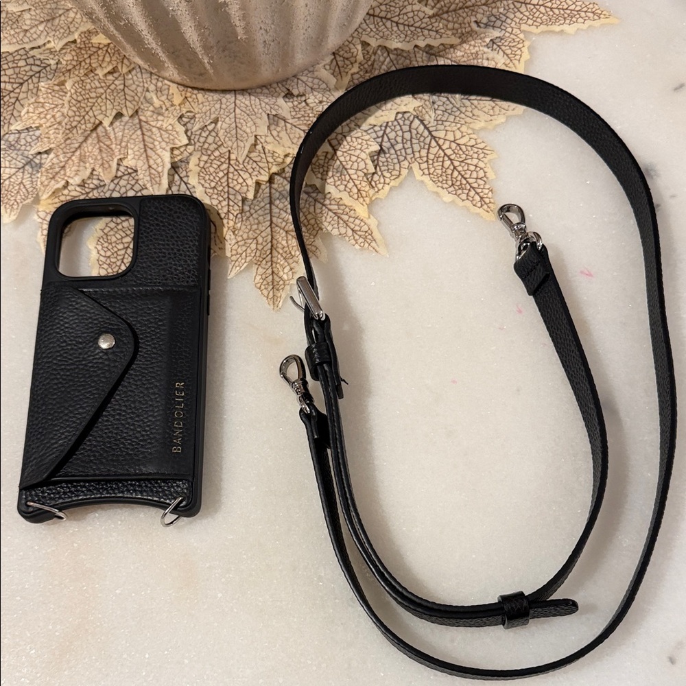 Bandolier 14 pro max Black Pebbled Leather Phone Case with Strap